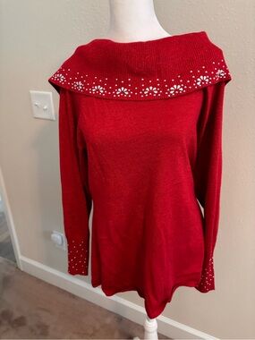 Red Off-Shoulder Embellished Women's Sweater
